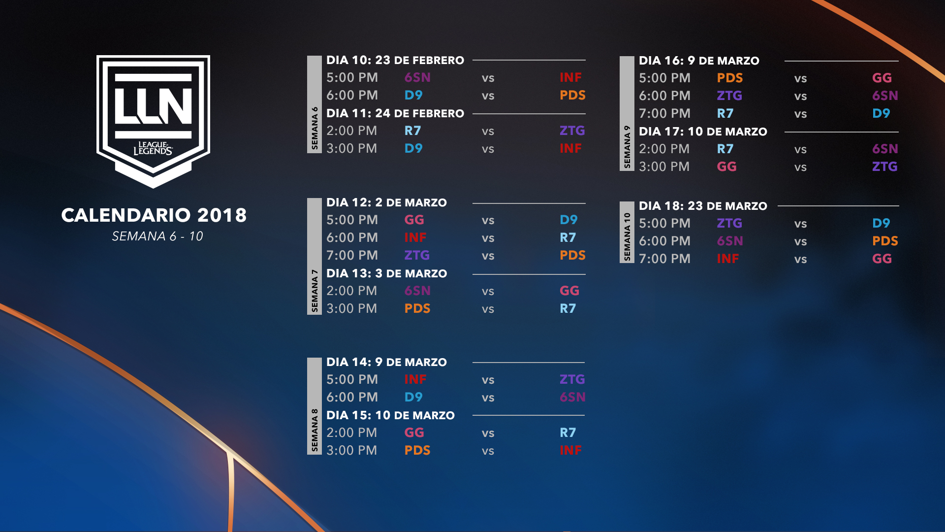 Calendario LLN 2018: echa un vistazo a los horarios de la fase de vuelta ― Codigo Esports